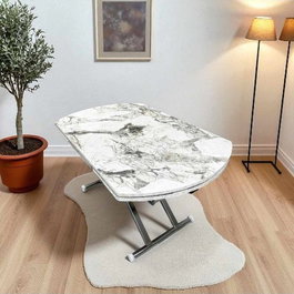 Hanah Home Yan Yari Oval - Mesa de Comedor Extensible de Mármol Blanco y Cromo